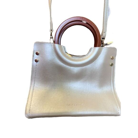 Laura Ashley Matte Gold Shoulder Bag Purse Wooden Handle Adjustable - Picture 3 of 16